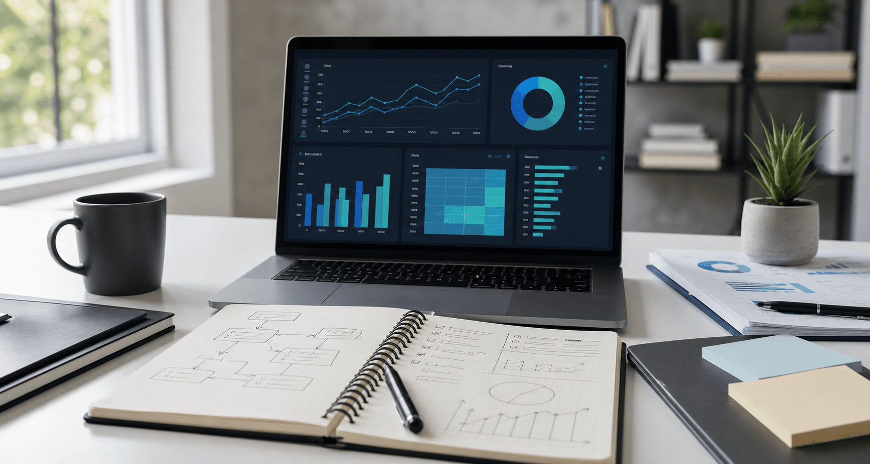 A professional workspace with analytics dashboards on a laptop