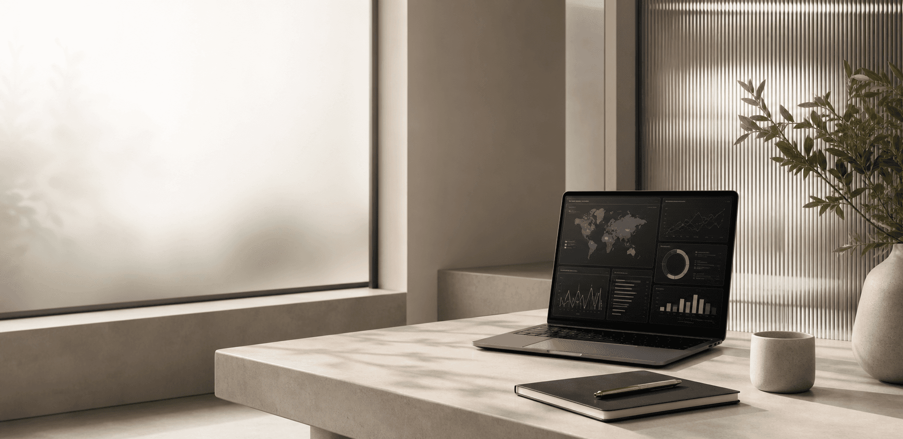 A refined architectural workspace with abstract macro dashboard visuals