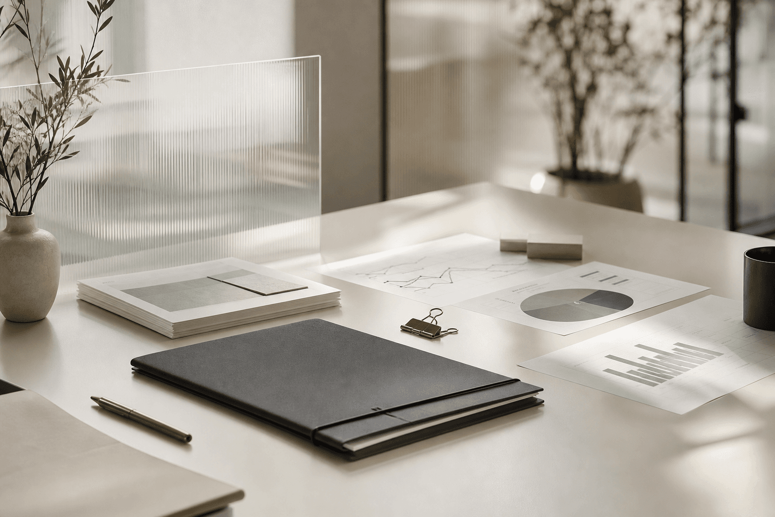Policy research desk with charts and warm matte materials