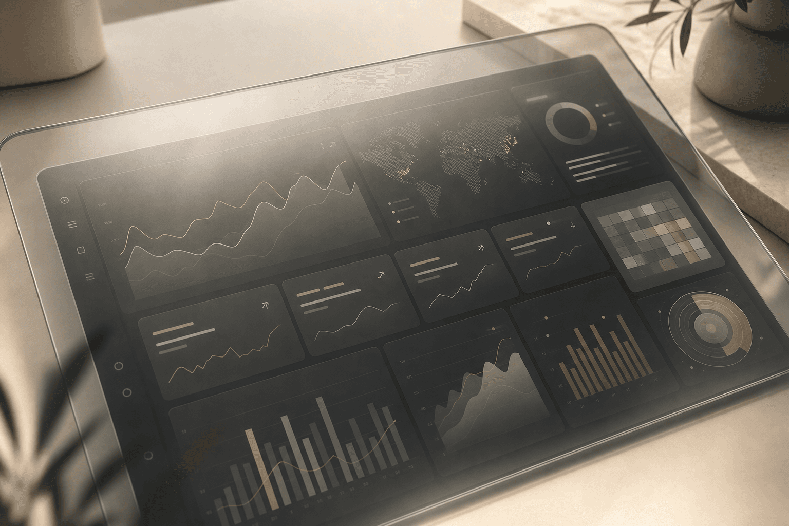 Smoked glass dashboard interface with abstract charts